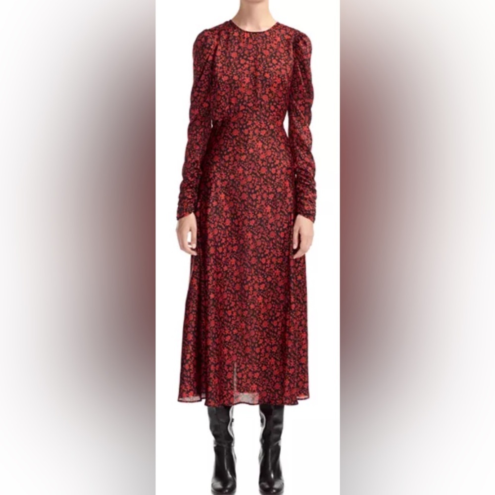 Maje Red and Black Floral Midi Dress
